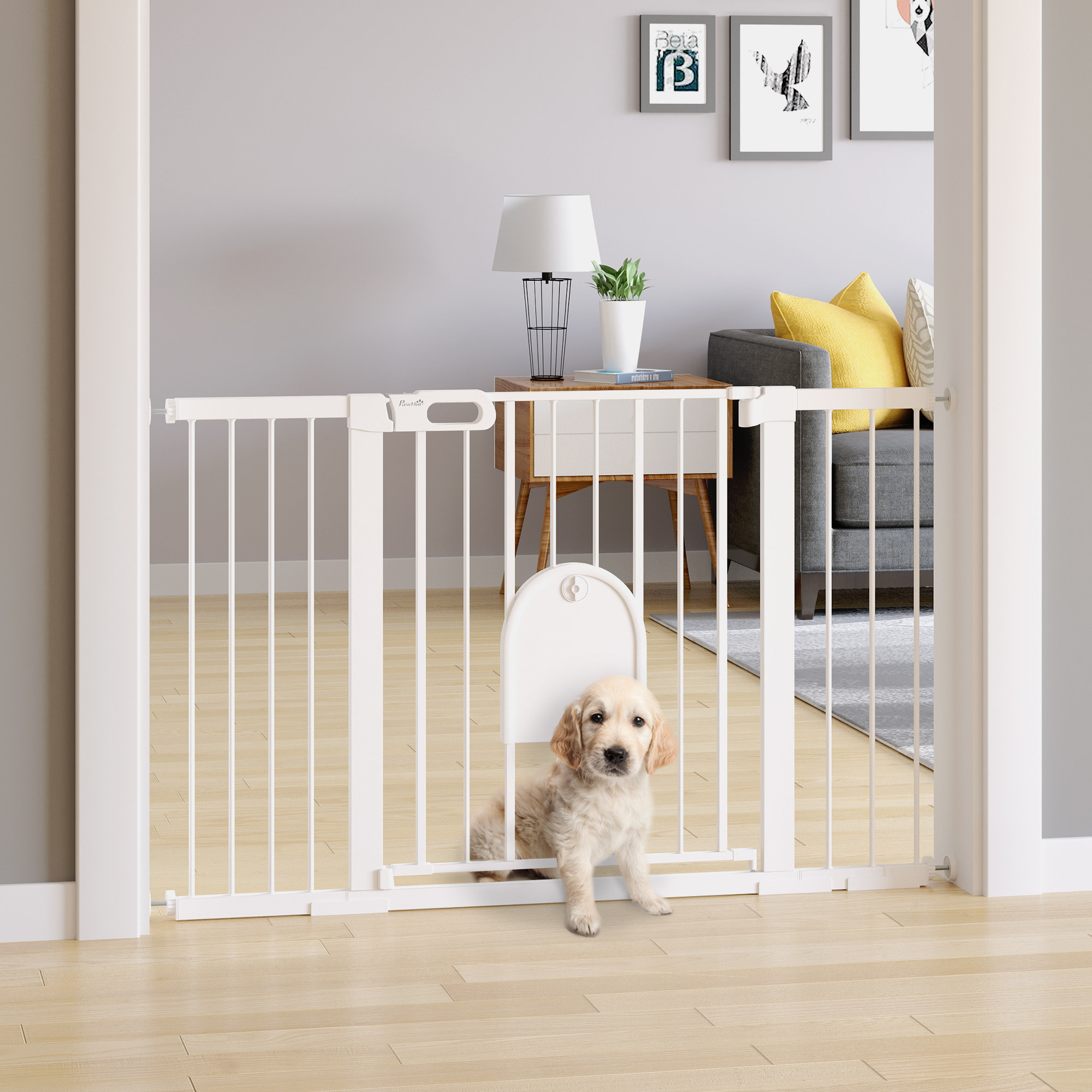 Barrera de Seguridad para Perros Extensible 75-131 cm, para Puertas y Escaleras, Barrera para Perros con Puerta Pequeña, 3 Extensiones, Montaje a Presión y Doble Bloqueo, Blanco