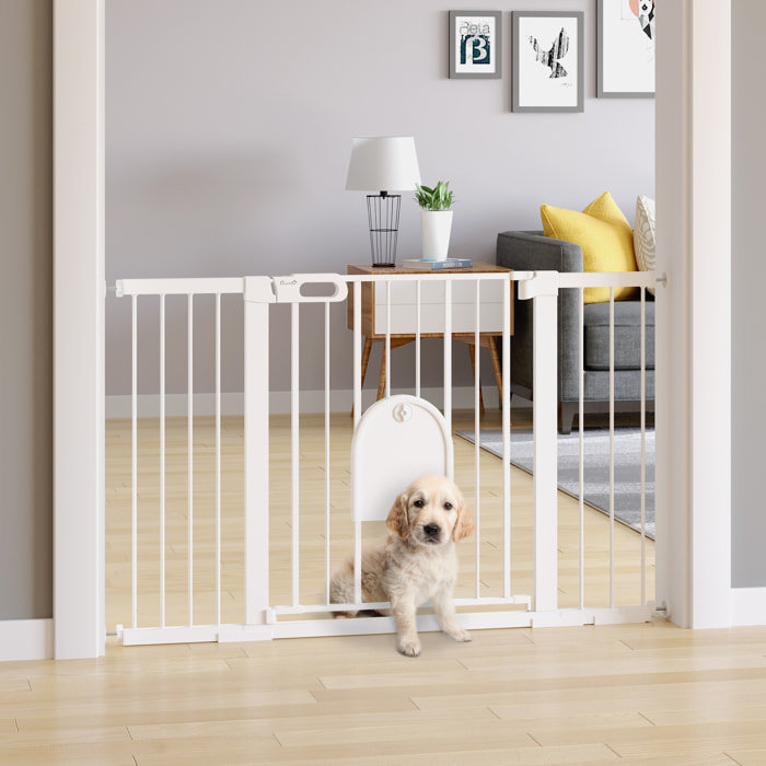 Barrera de Seguridad para Perros Extensible 75-131 cm, para Puertas y Escaleras, Barrera para Perros con Puerta Pequeña, 3 Extensiones, Montaje a Presión y Doble Bloqueo, Blanco