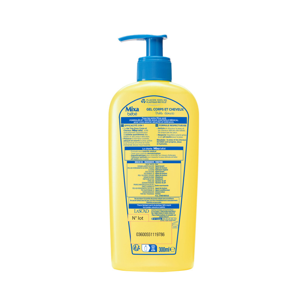 Lot de 6 - Mixa Bébé Gel Très doux 2 en 1 corps et cheveux 300ml