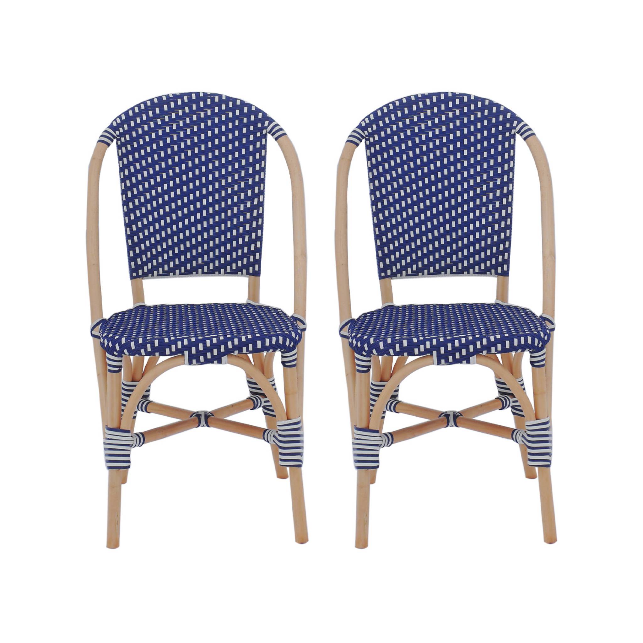 Lot de 2 chaises empilables bistrot en rotin et polyrotin bleu et blanc. L 48 x P 58 x H 90cm