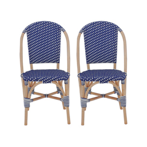 Lot de 2 chaises empilables bistrot en rotin et polyrotin bleu et blanc. L 48 x P 58 x H 90cm