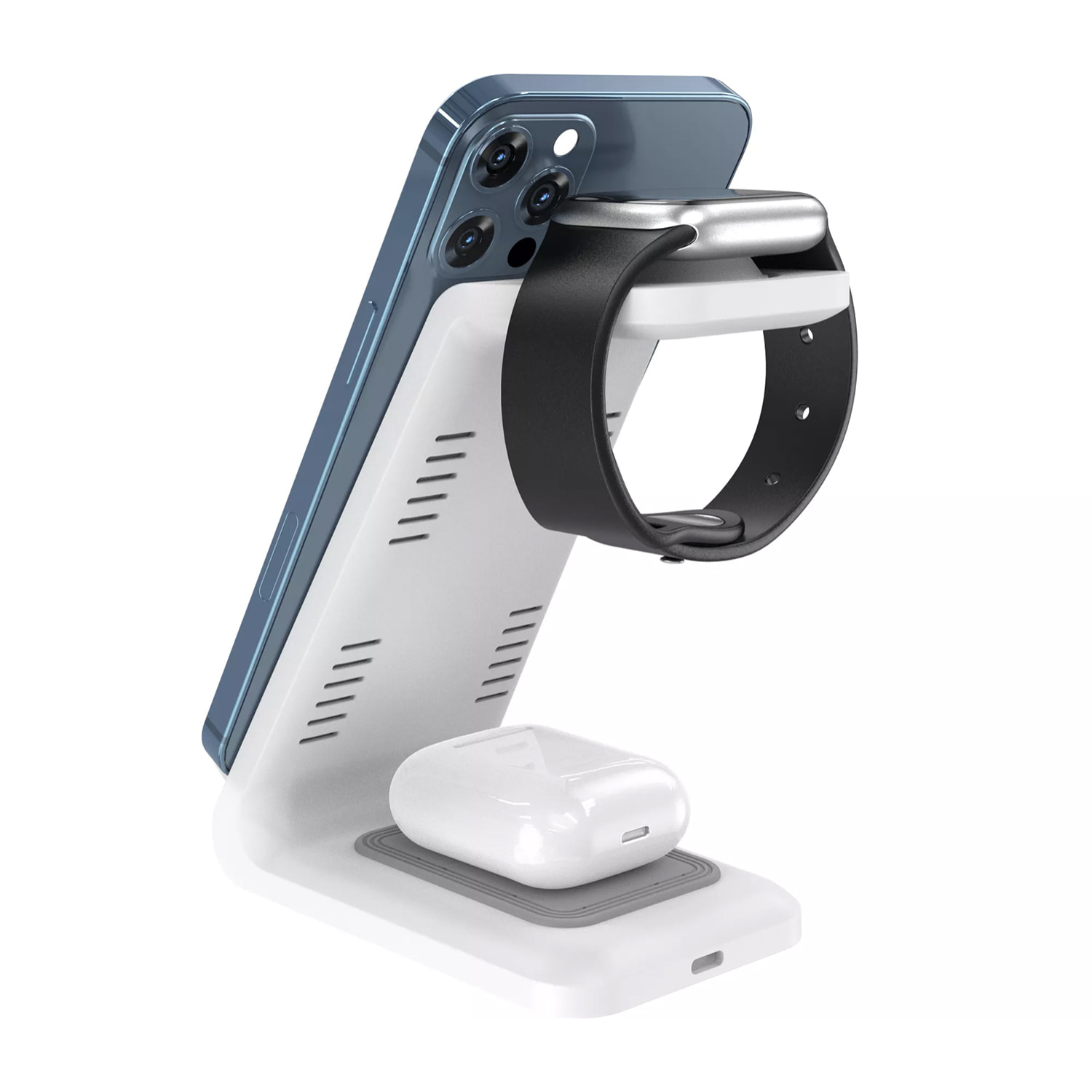 Stazione di ricarica 3 in 1 da 15w. Base di ricarica wireless Qi per 2 smartphone, auricolari e Apple Watch.