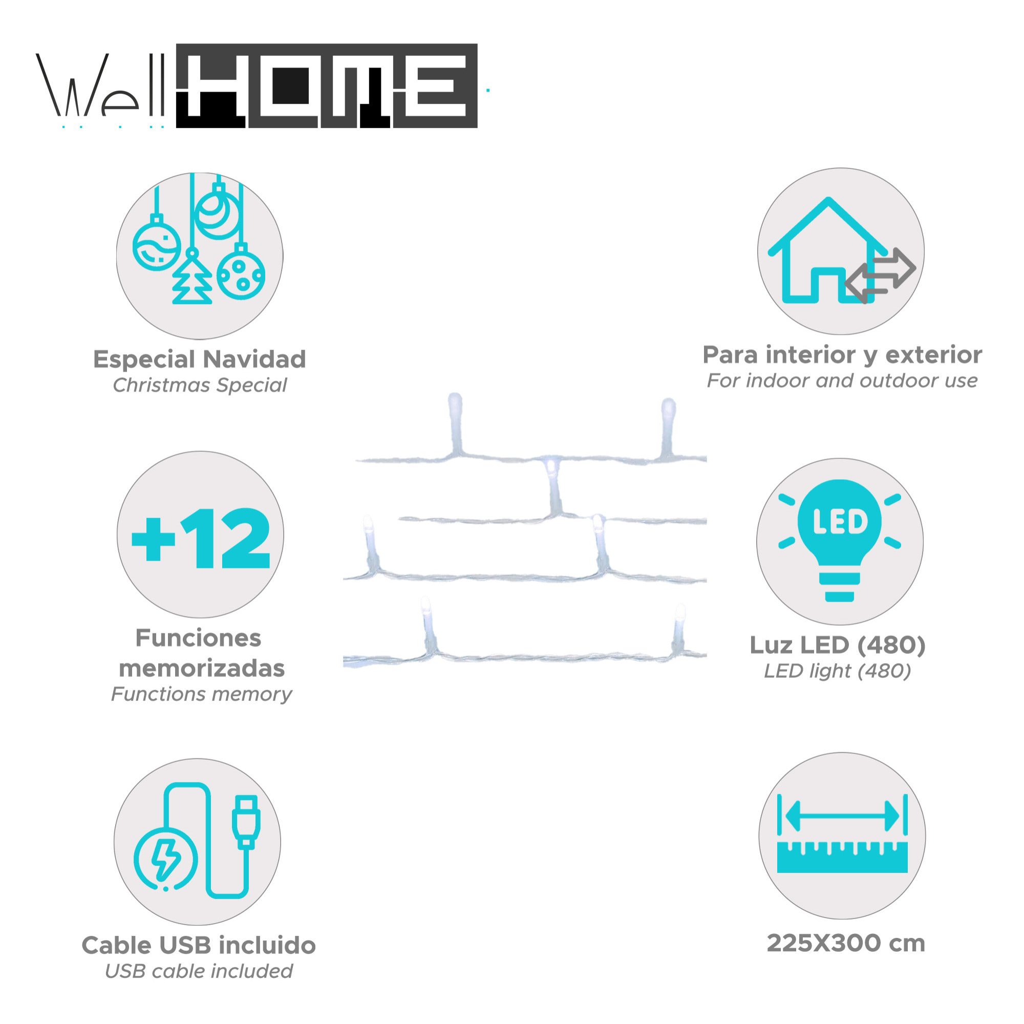 luz de cortina con 480 luces led blancas con controlador 225x300cm
