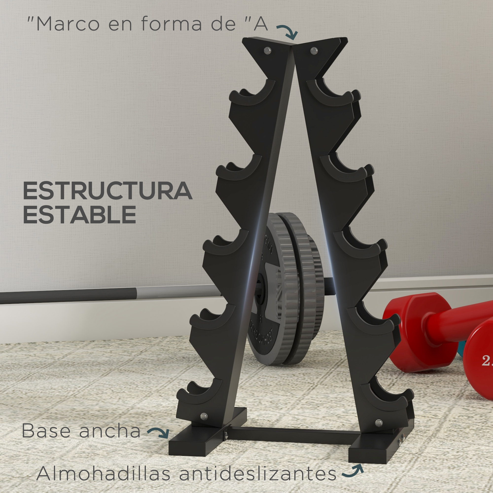 Estante para Mancuernas de 5 Niveles Soporte de Almacenamiento para Mancuernas de Acero para Entrenamiento en Gimnasio Hogar Carga 100 kg 35x33x66 cm Negro