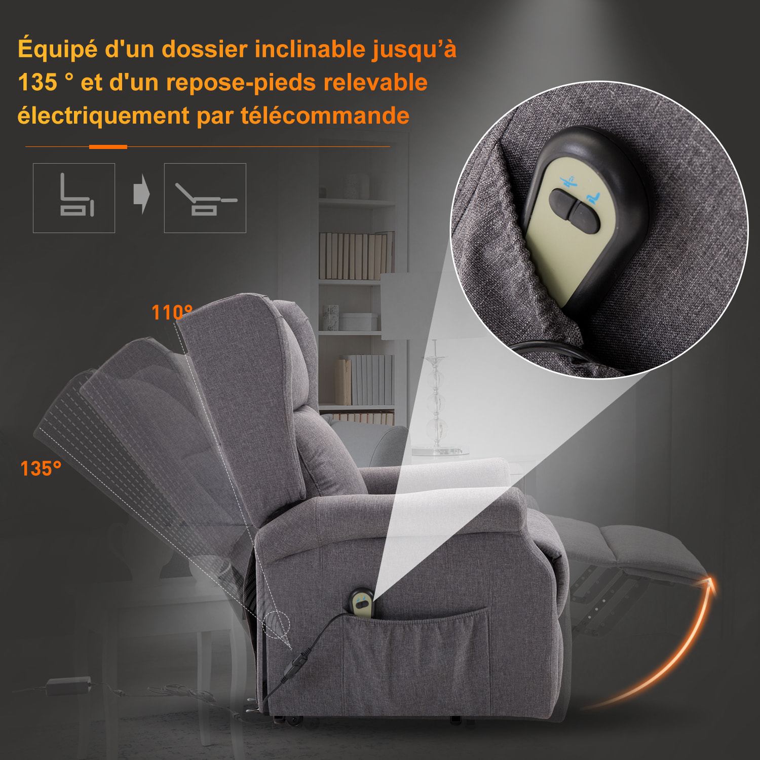 Fauteuil de relaxation électrique fauteuil releveur inclinable avec repose-pied ajustable lin gris chiné