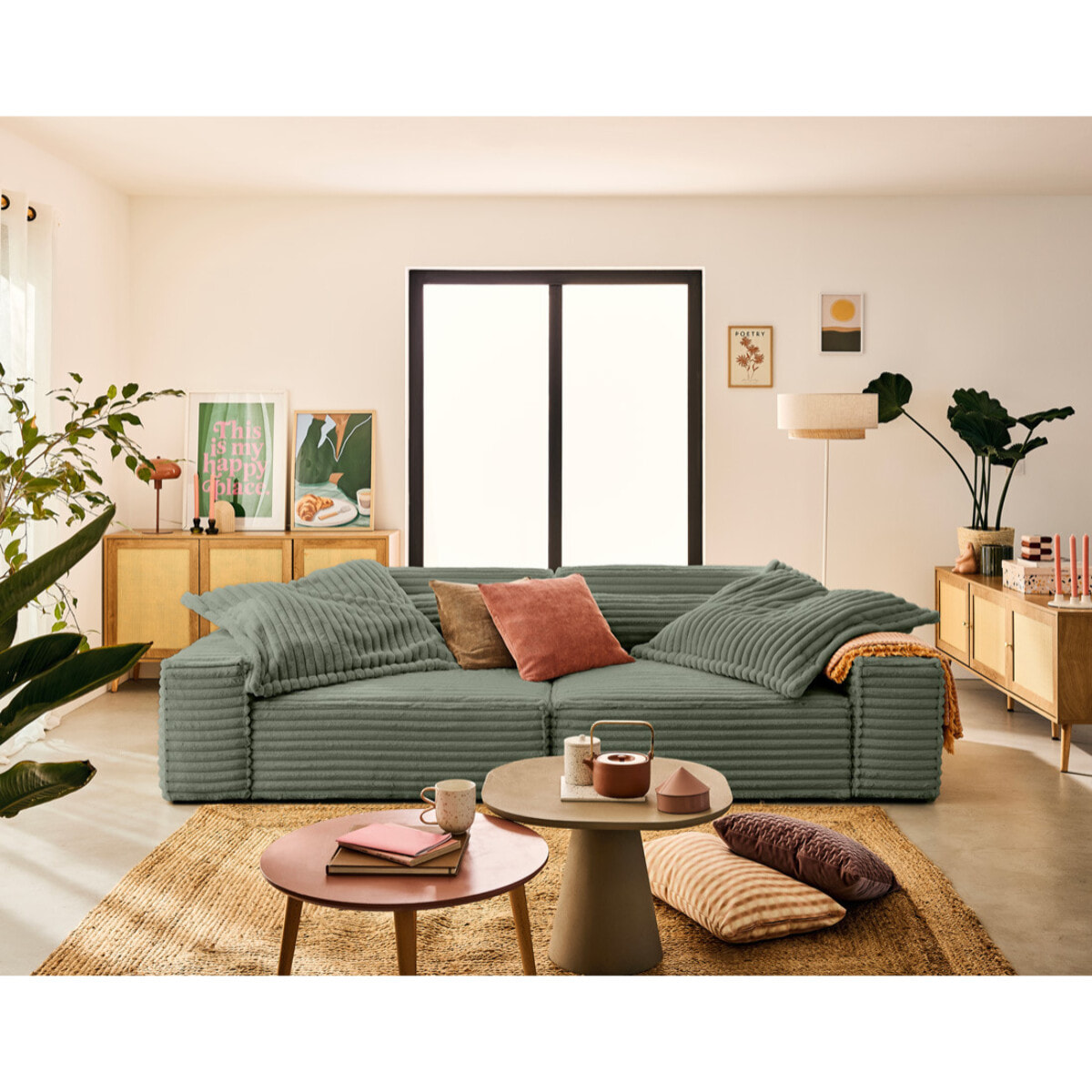 Richie - canapé droit 3 places avec double méridienne - assise profonde - en fausse fourrure côtelée - Vert