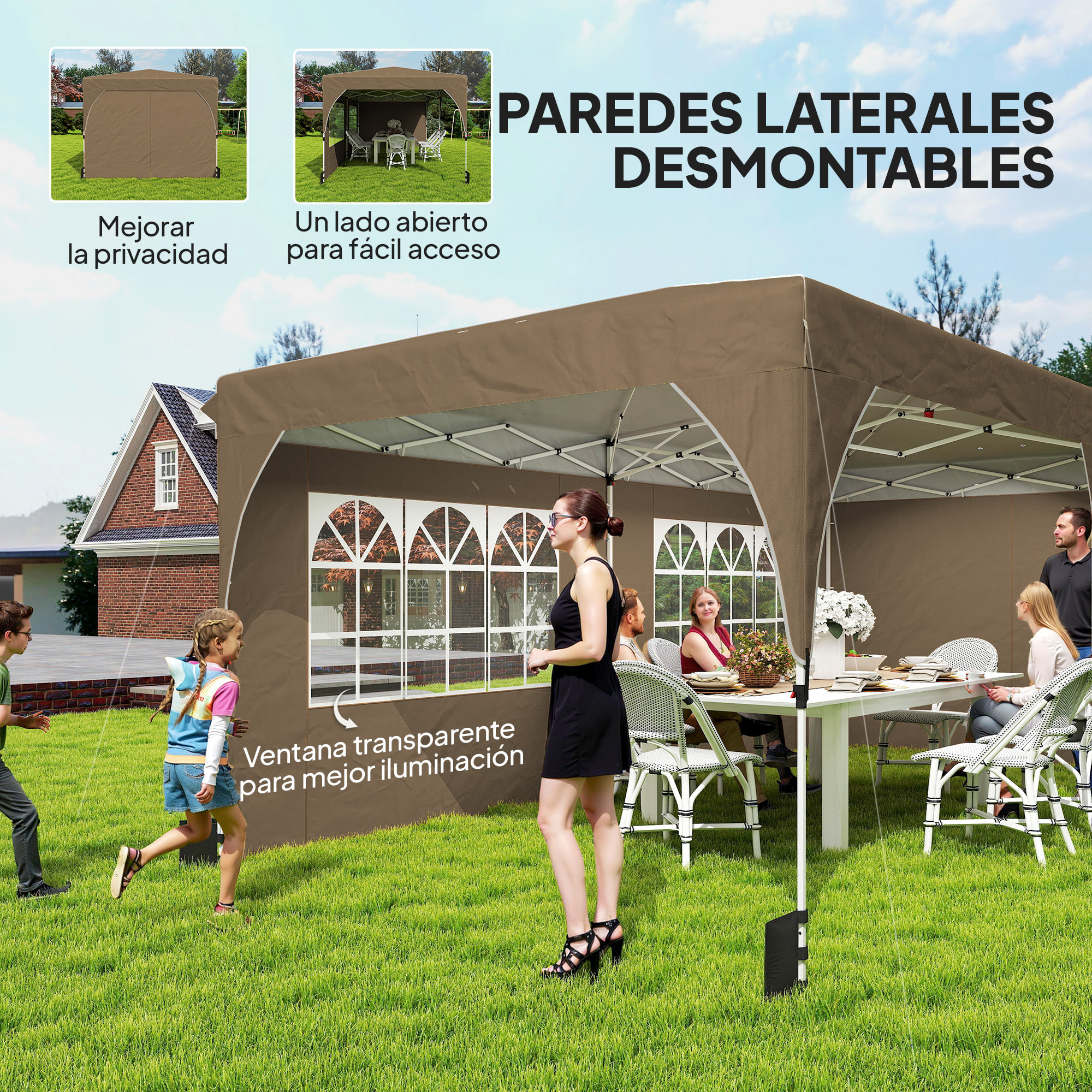 Carpa Plegable 6x3 m, Pop-up, con 4 Laterales Extraíbles, Cenador de Jardín con Tiras Reflectantes, Altura Ajustable, Sistema Central de Bloqueo, UPF50+, Impermeable, Bolsa Transporte, Beige