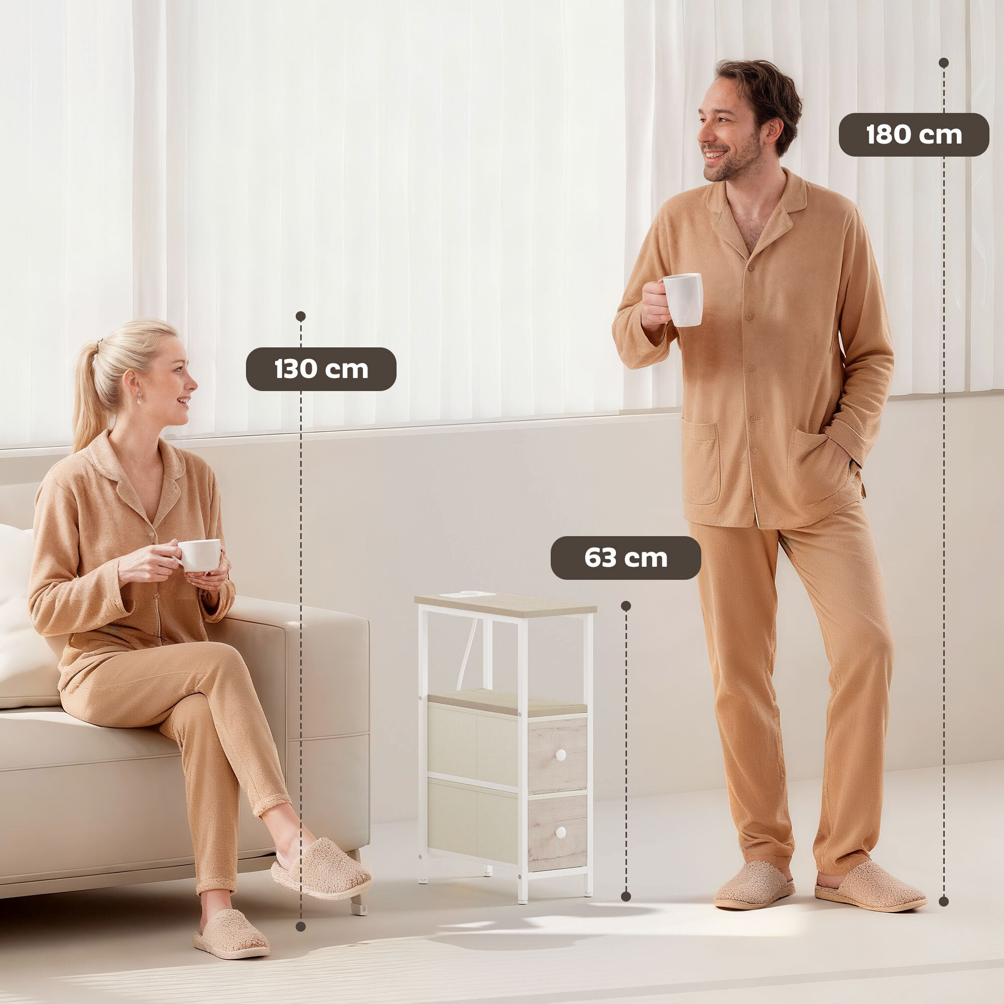 Juego de 2 Mesas Auxiliares con Enchufe, Mesitas Auxiliares Estrechas con Toma AC, Puerto USB, Puerto USB-C, 2 Cajones de Tela, Estante Abierto, para Salón, Dormitorio, Natural