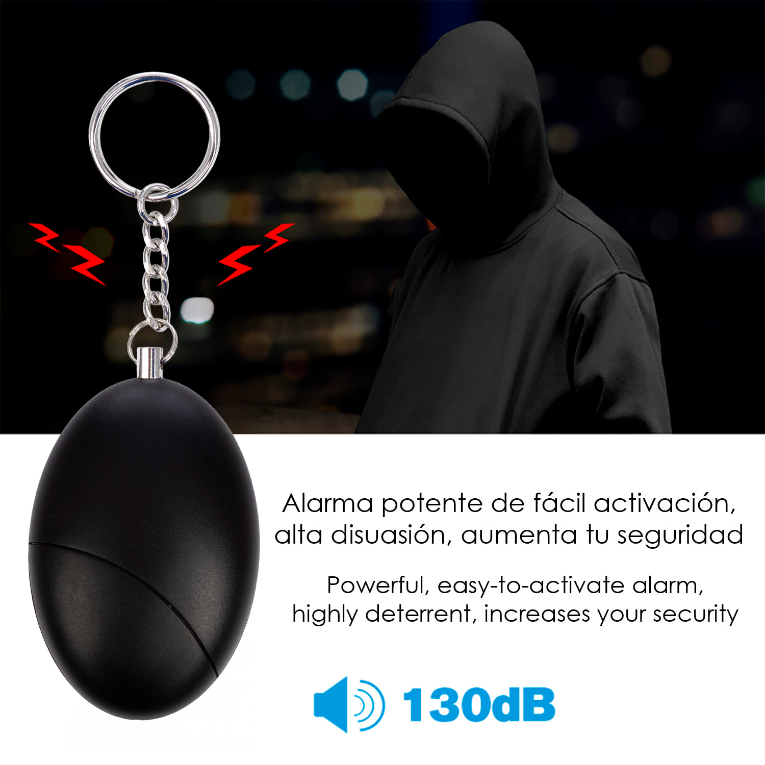 Alarma SOS personal con luz LED brillante y sonido de 120dB. Pila A23 incluida y activación rápida por tirón de anilla.