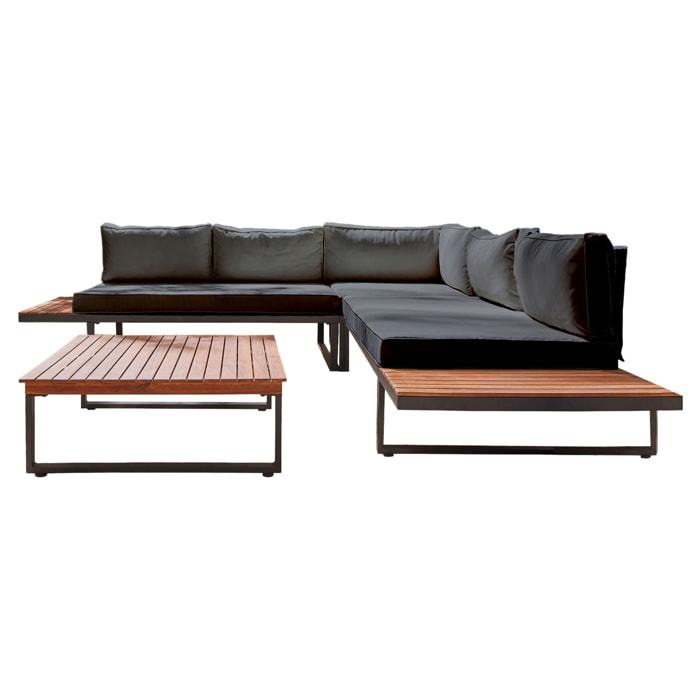Yulara - salon de jardin en bois et métal - 5 places - coussins gris - Noir / Bois / Beige