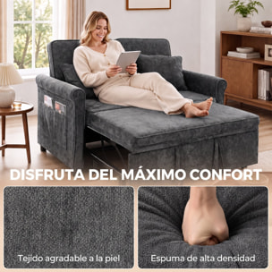 Sofá Cama 2 Plazas 3 en 1, Sofá Cama de Tejido Chenilla con Respaldo Ajustable 5 Niveles, Bolsillos Laterales, 2 Cojines y Reposabrazos Redondeados para Sala de Estar, Espacios Pequeños, Gris