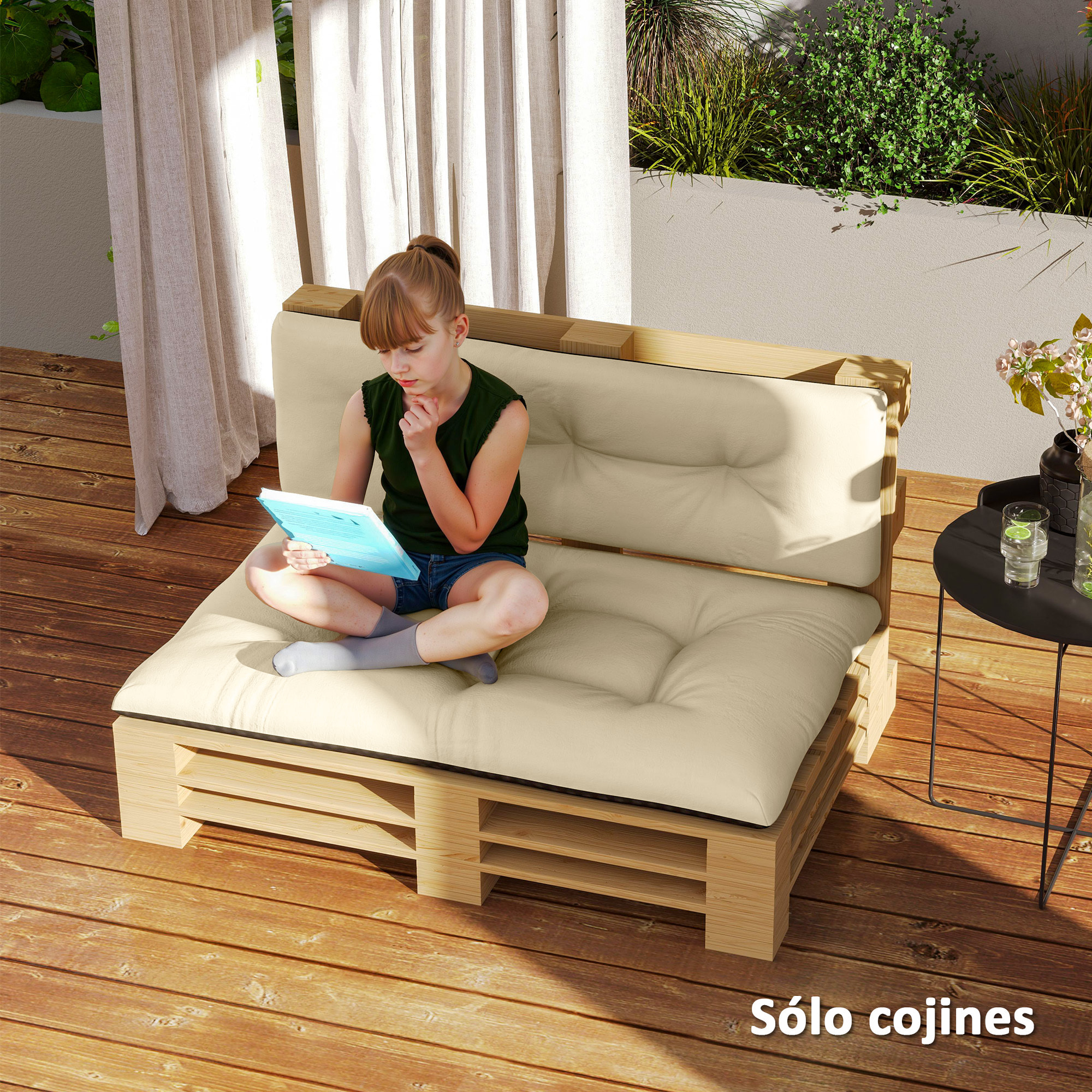 Conjunto de 2 Cojines para Palets con Tela Resistente Impermeable Anti-UV Cojines Exterior para Jardín Terraza Interior Asiento 120x77 cm Respaldo 120x40 cm Beige