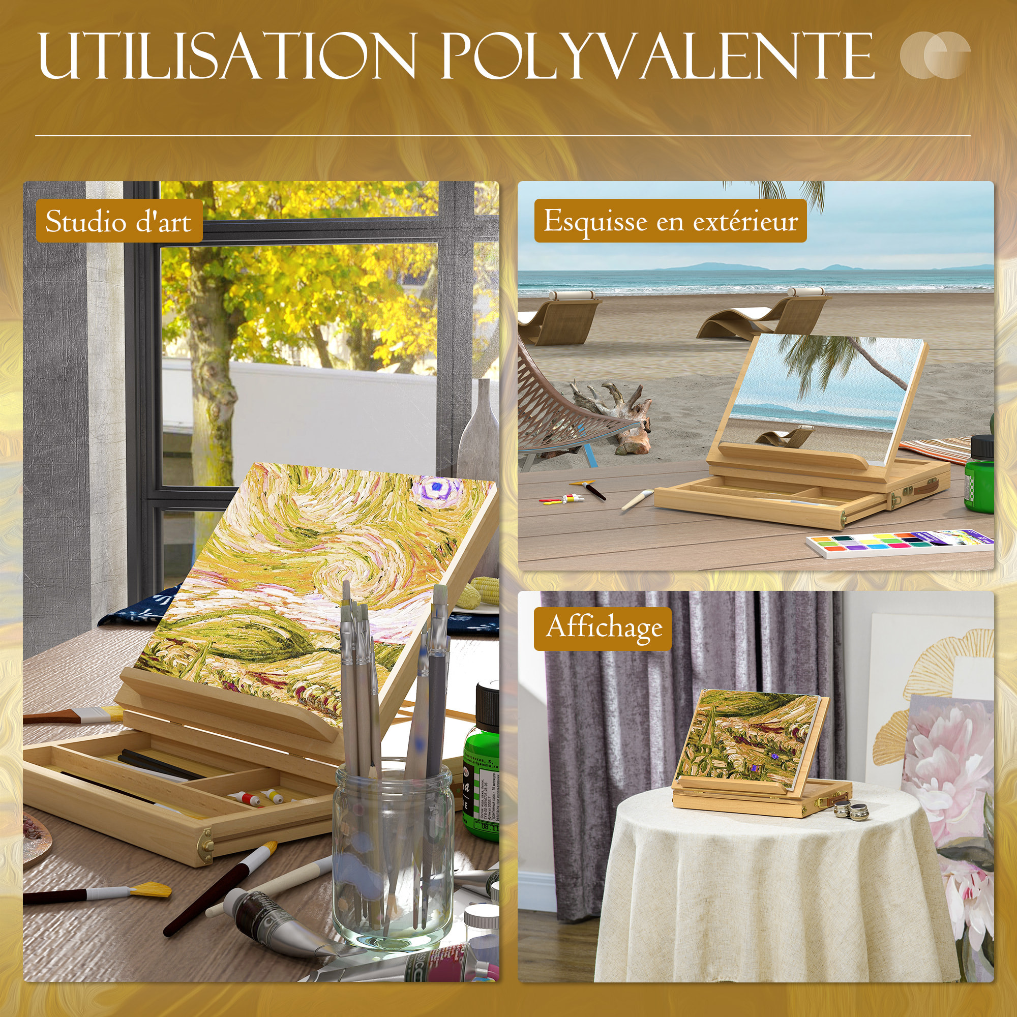 Mallette chevalet professionnel de table inclinaison réglable 3 compartiments de rangement bois de hêtre