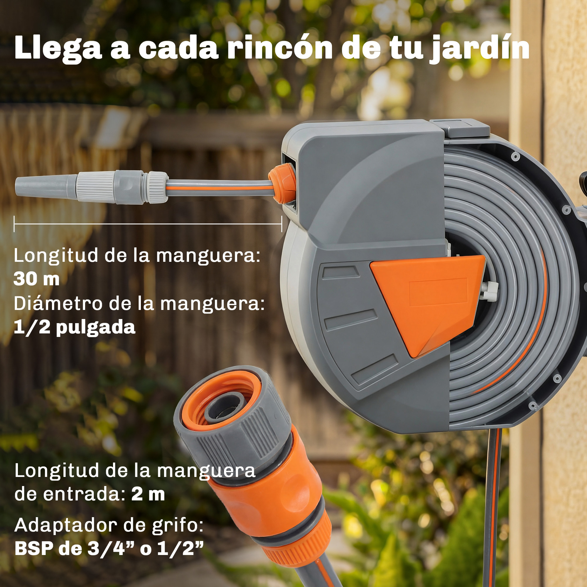 Enrollador de Manguera para Jardín 30+2 m con Boquilla de 2 Modos, Carrete de Manguera de Jardín de Pared con Bloqueo Automático y Retracción Controlada, Soporte Orientable 180°, Naranja