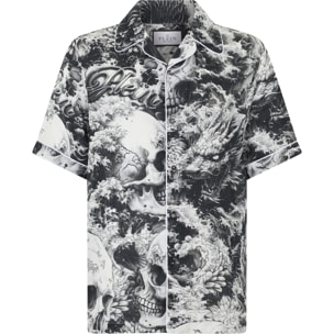 PHILIPP PLEIN Linen Bowling Shirt All-Over Ceramic