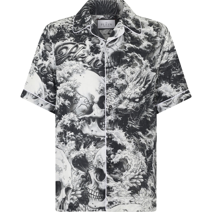 PHILIPP PLEIN Linen Bowling Shirt All-Over Ceramic