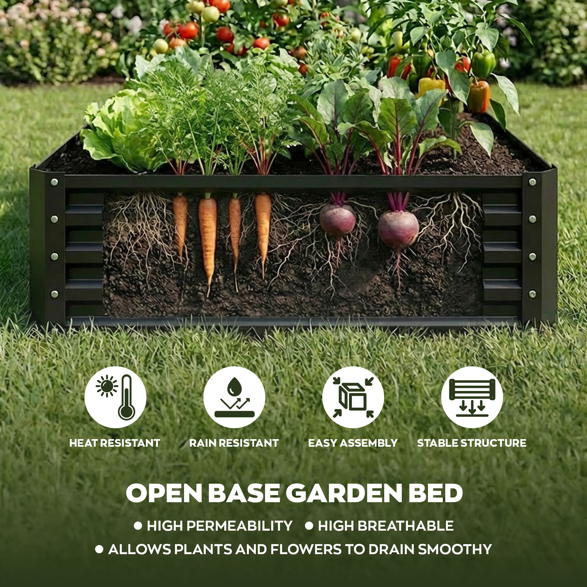 Hatake - Letto per Orto rialzato Rettangolare da Esterno 180x90x30 cm in Acciaio Inox Nero