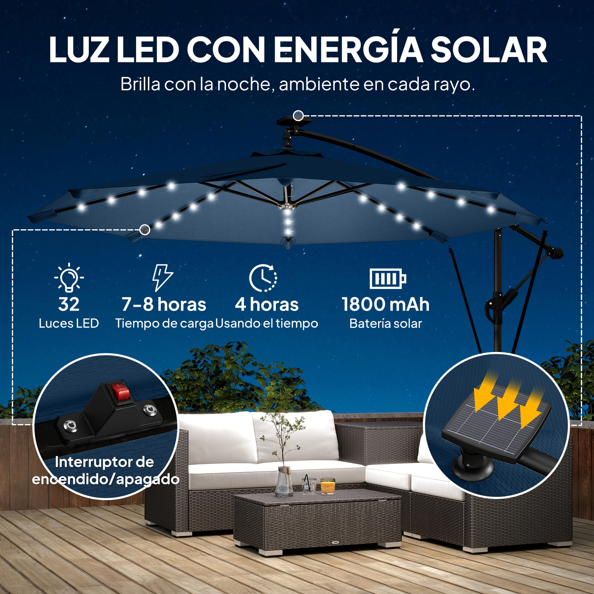 Parasol Excéntrico con Luces LED Solares, Ø345 cm, Sombrilla de Jardín de Aluminio con Base Cruzada, Manivela, Funda Protectora, Cuerdas de Viento, UPF50+, para Terraza, Patio, Azul Marino