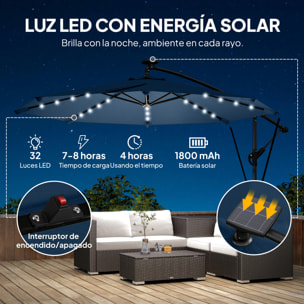 Parasol Excéntrico con Luces LED Solares, Ø345 cm, Sombrilla de Jardín de Aluminio con Base Cruzada, Manivela, Funda Protectora, Cuerdas de Viento, UPF50+, para Terraza, Patio, Azul Marino