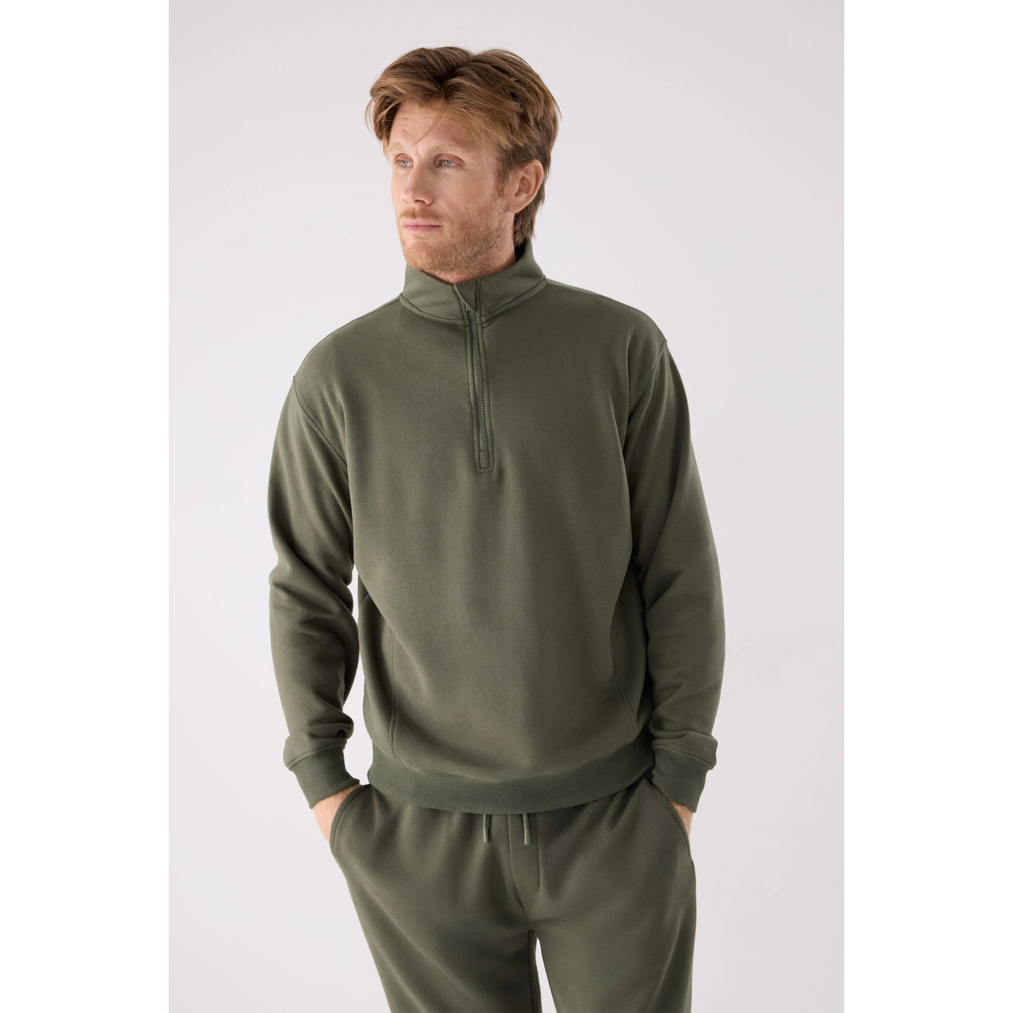 Sudadera deportiva hombre afelpada semi cremallera verde botella