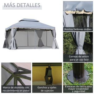 de Jardín 4x3 m, Pabellón de Jardín Gazebo con Doble Techo, 4 Cortinas y Mosquitera, Marco de Aluminio, Orificios de Drenaje, UPF50+, Carpa para Exterior, Terraza, Patio, Gris