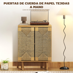 Aparador Bohemio de 2 Puertas con Cuerda Tejida a Mano, Aparador de Salón con Estante Ajustable, Apertura por Presión, Patas de Madera, Roble, 60x40x78 cm