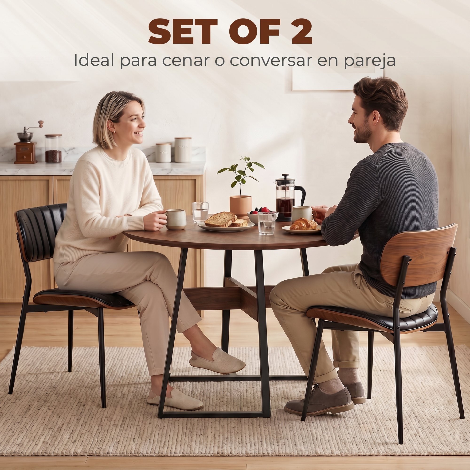 Pack de 2 Sillas de Comedor, Sillas de Cocina Modernas, Tapizadas de Cuero Sintético, Respaldo Curvo, Asiento Acolchado, Estructura de Madera Curvada y Patas Metálicas, Negro y Marrón