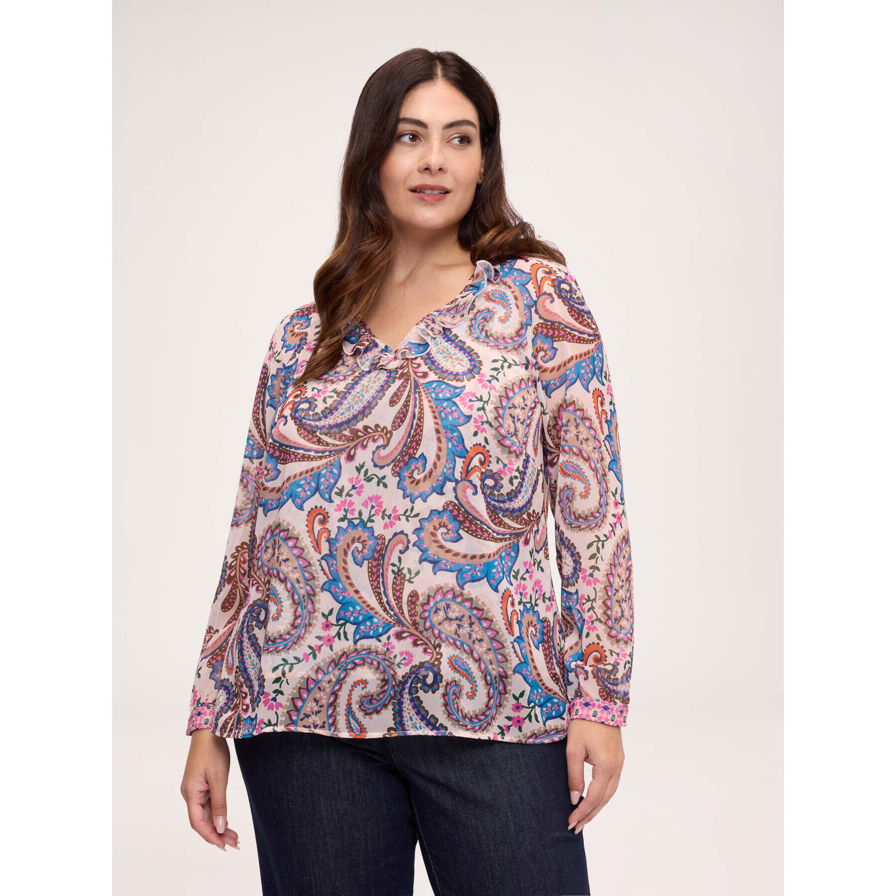 Fiorella Rubino - Blusa con stampa e volant in georgette - Beige
