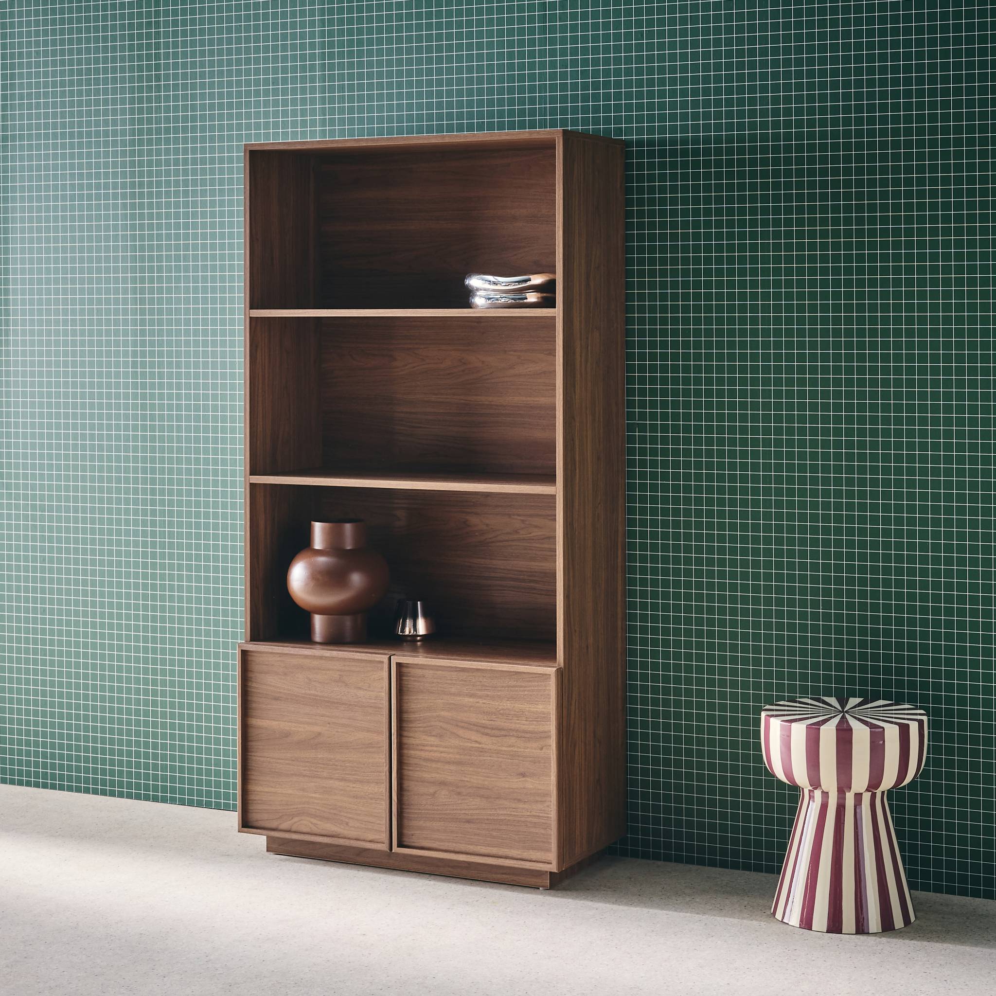 Etagères bibliothèque effet bois noyer 2 portes 5 niveaux - L 80 x P 35 x H 160cm - Kuba