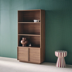 Etagères bibliothèque effet bois noyer 2 portes 5 niveaux - L 80 x P 35 x H 160cm - Kuba