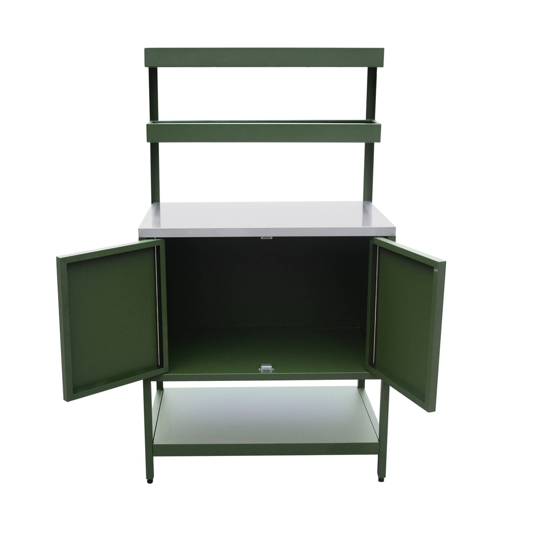 Cuisine d'extérieure en acier vert avec 2 étagères suspendues et 2 portes L80cm