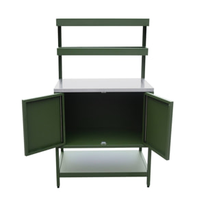Cuisine d'extérieure en acier vert avec 2 étagères suspendues et 2 portes L80cm