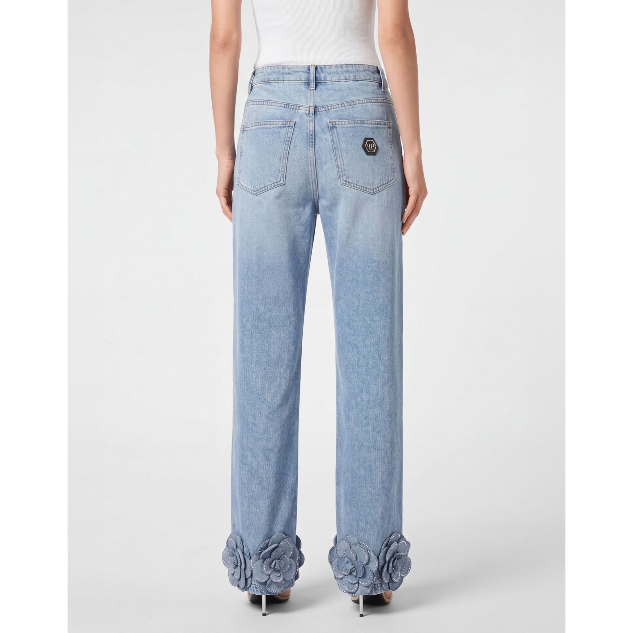 PHILIPP PLEIN Straight Cut Jeans Roses Strass