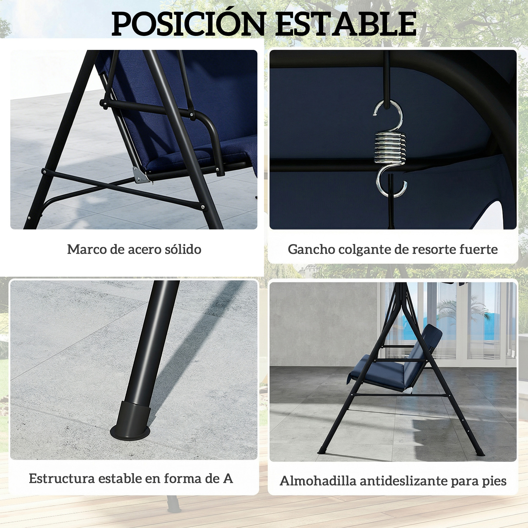 Columpio de Jardín Exterior de 3 Plazas, Balancín de Jardín Exterior con Techo Ajustable, Cojín y Marco de Acero, para Balcón, Terraza, Patio, Carga 240 kg, 172x118x153 cm, Azul Marino