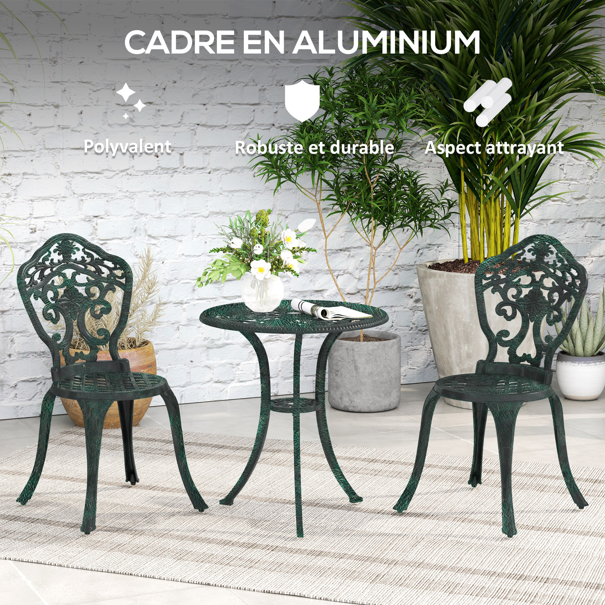 Ensemble bistrot de jardin 2 personnes 3 pièces aluminium aspect fer forgé noir vieilli vert