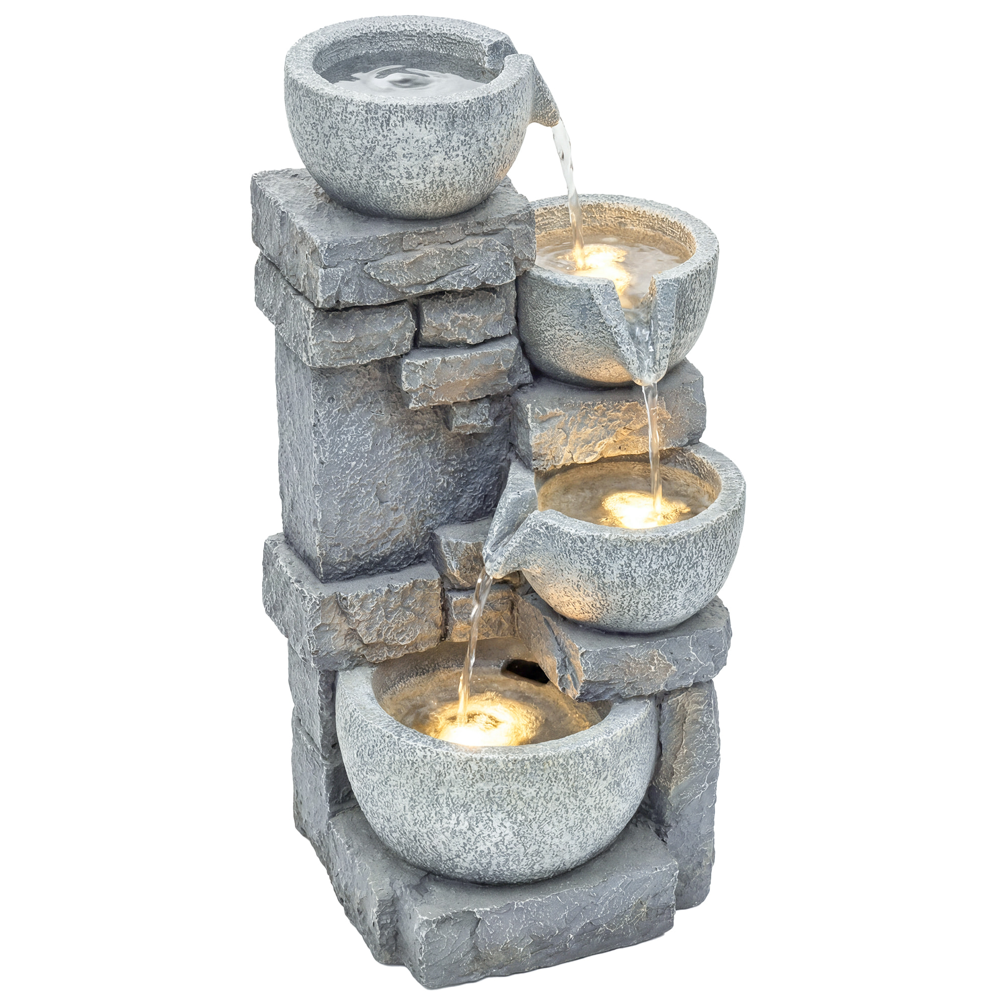 Fuente de Agua Decorativa con Iluminación LED y Bomba, Fuente de Jardín Exterior en Cascada de 4 Niveles, Flujo Ajustable, Resistente a la intemperie, para Jardín, Terraza, Patio, Gris