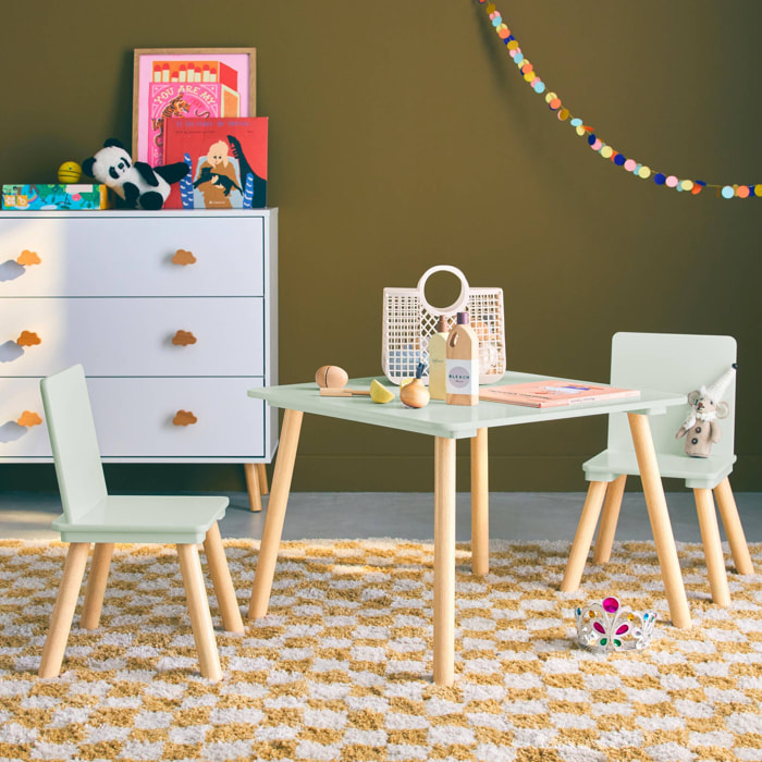 Table carrée enfant avec 2 chaises. pieds en pin. vert