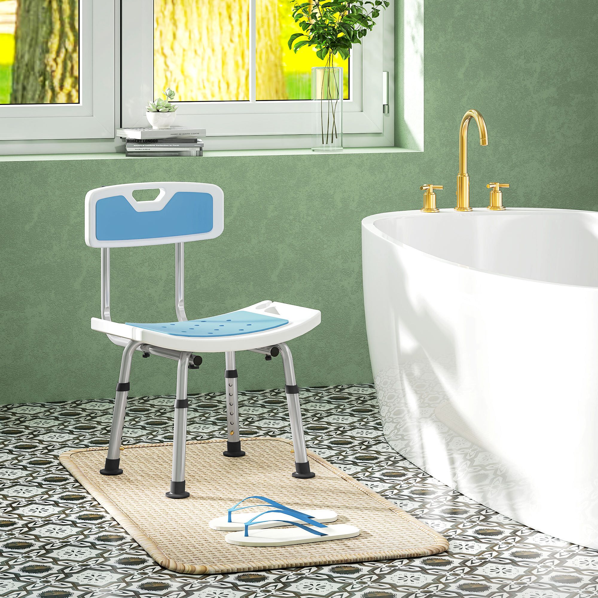 Chaise de douche siège de douche ergonomique hauteur réglable pieds antidérapants charge max. 136 Kg alu HDPE bleu
