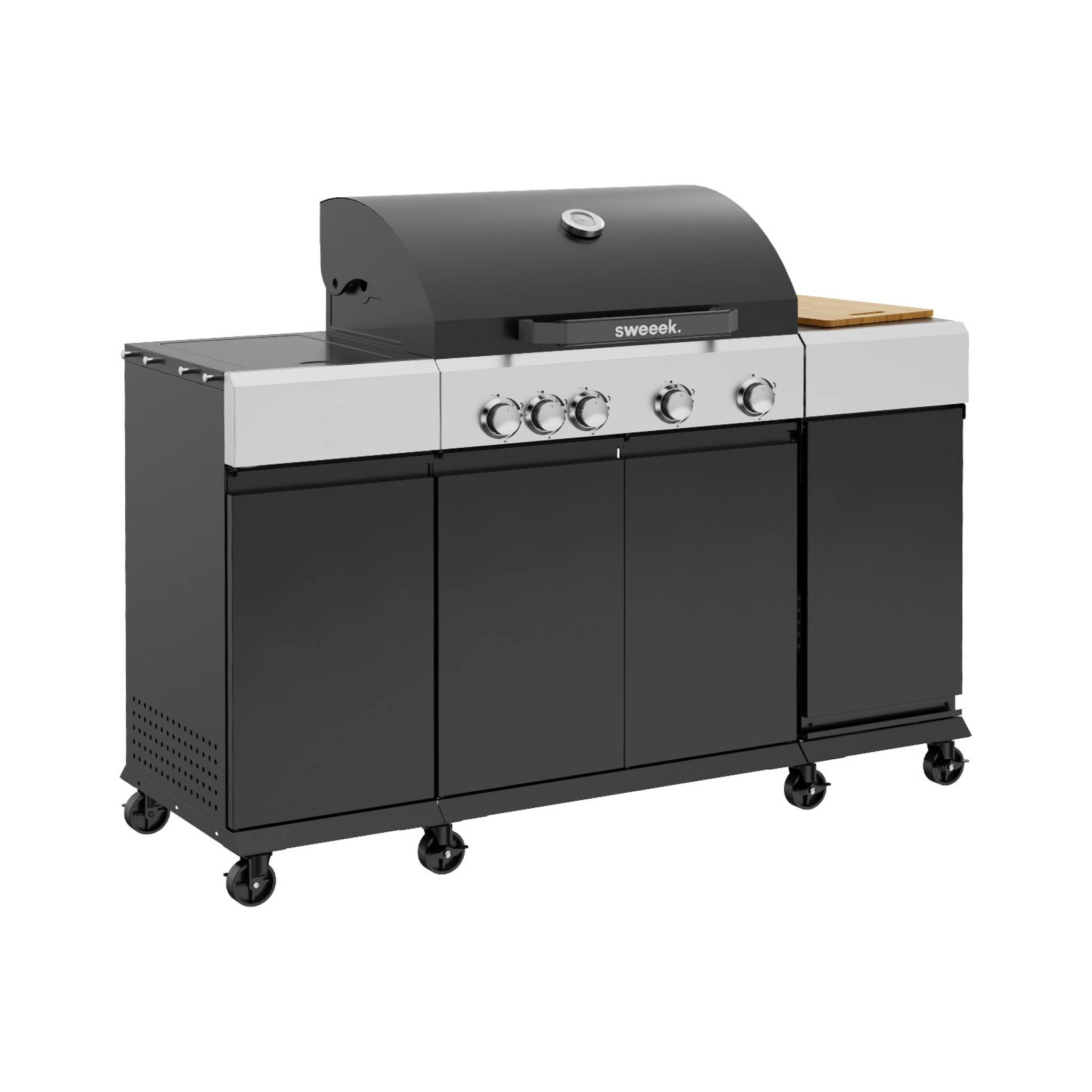 Barbecue gaz 4 brûleurs + 1 feu latéral MAXIM noir. Acier. thermomètre intégré. récupérateur de graisse. grille de chauffe. L 145.5 x P 61.5 x H 143.5cm