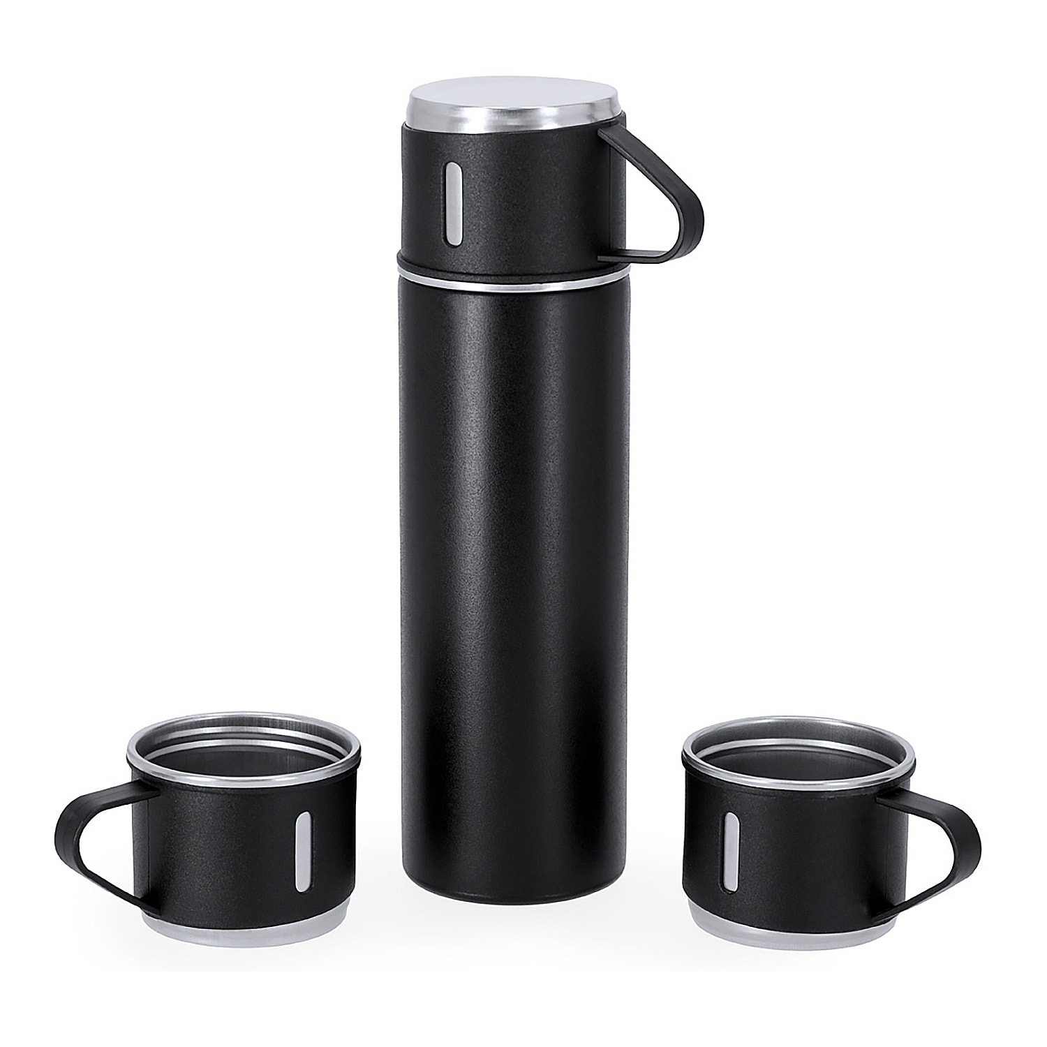 Set de termo con tazas fabricado en acero inox. Termo de 420 ml de capacidad y de doble pared, 3 tazas de 140ml.