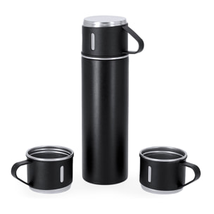 Set de termo con tazas fabricado en acero inox. Termo de 420 ml de capacidad y de doble pared, 3 tazas de 140ml.