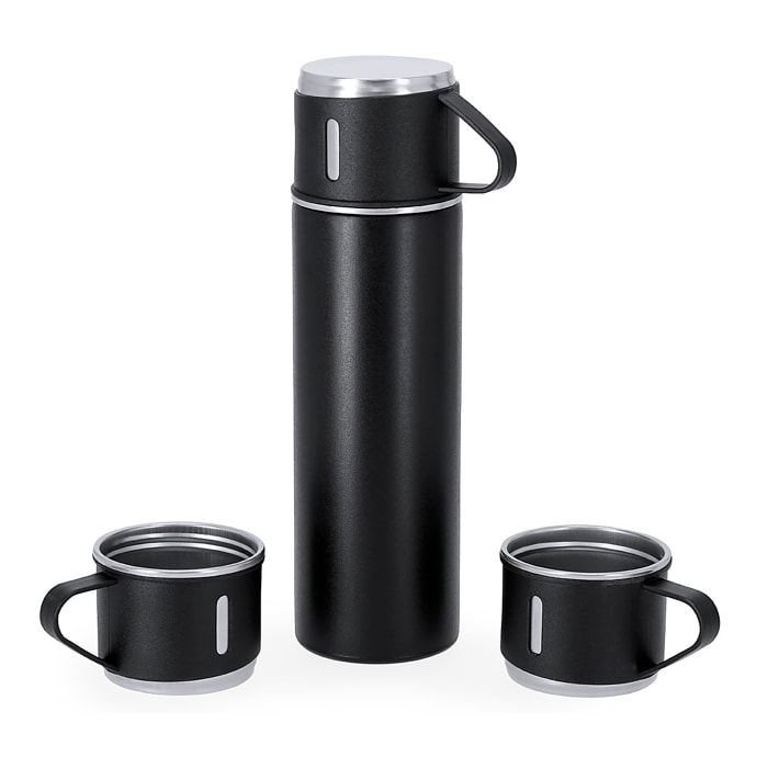 Set de termo con tazas fabricado en acero inox. Termo de 420 ml de capacidad y de doble pared, 3 tazas de 140ml.