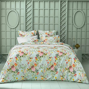 Housse de couette satin de coton 115 g/m² imprimé multicolore Primavera vert d'eau