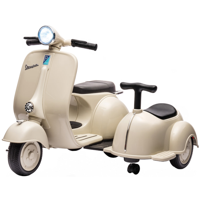 Moto Eléctrica para Niños Licencia VESPA 6V con 2 Asientos, Moto Eléctrica Infantil con Arranque Suave, Luz Delantera, Música, Bocina, USB y Almacenamiento, Regalo para Niños +3 Años, Crema