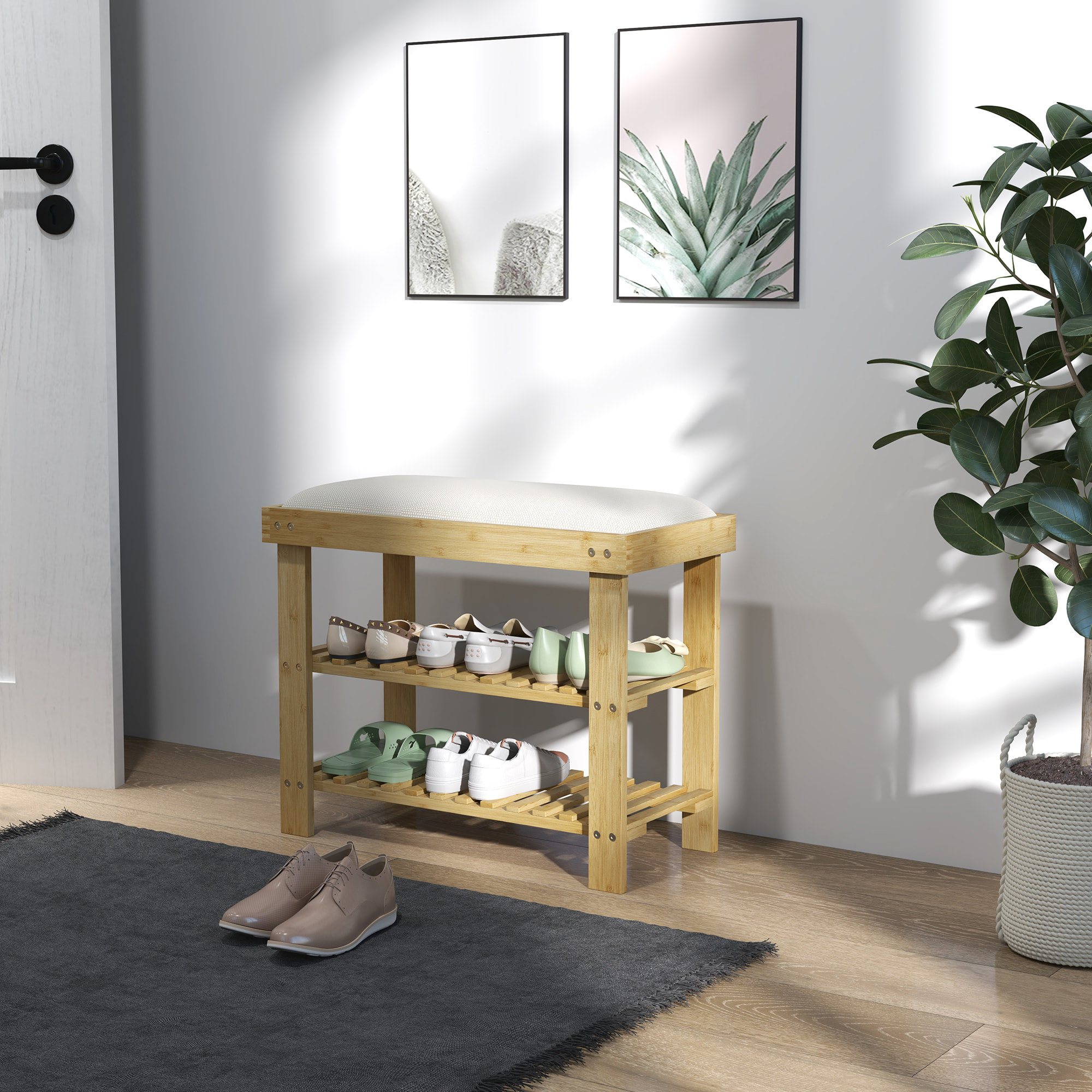 Banc à chaussures style scandinave 3 niveaux bambou bois naturel blanc cassé