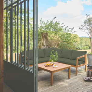 Salon de jardin d'angle kaki en acacia 5 places LOBERIA CORNER. table carrée