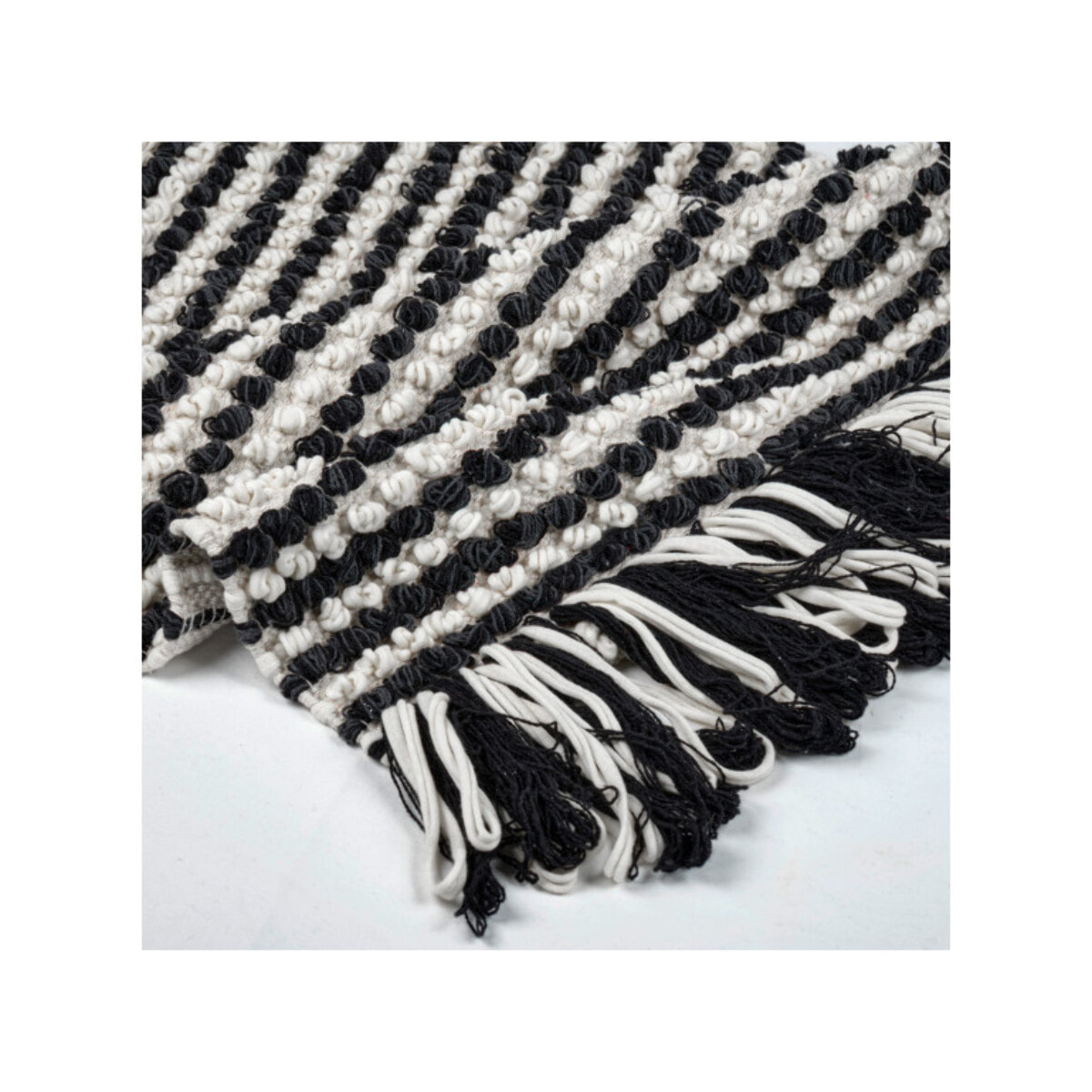 Tapis 60 x 80 cm tissu texturé petits pompons avec franges bicolores - MARINE