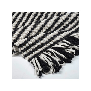 Tapis 60 x 80 cm tissu texturé petits pompons avec franges bicolores - MARINE