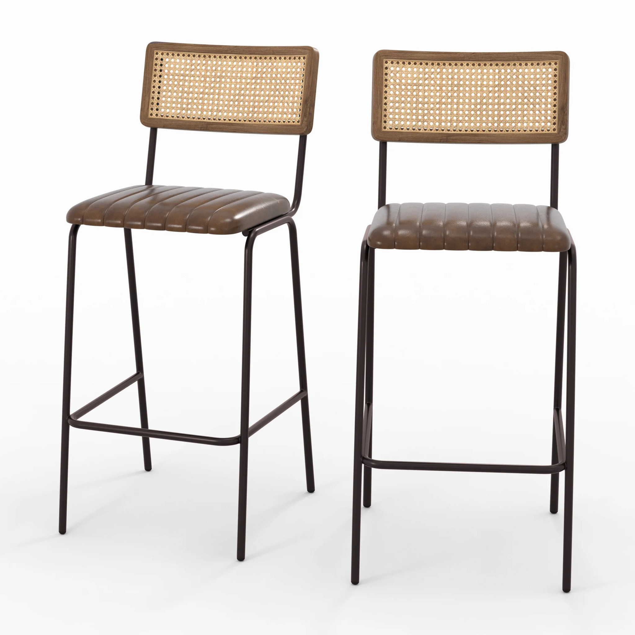 Lot de 2 chaises de bar 76 cm en cannage et cuir marron - Arsène