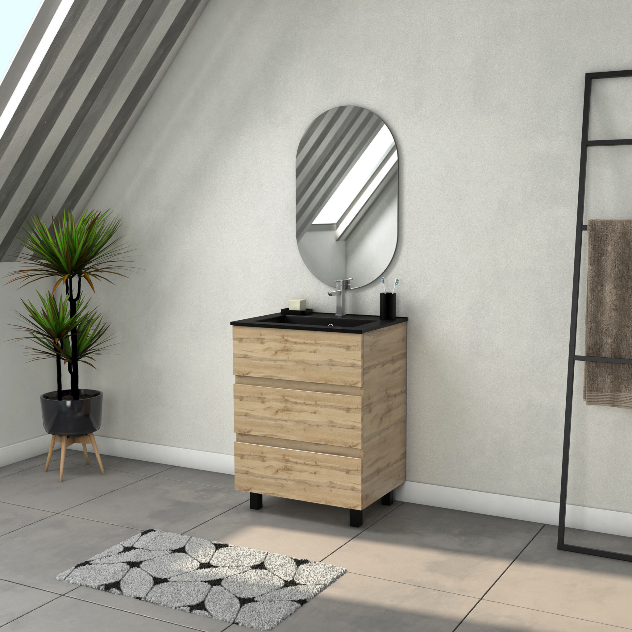 Meuble Salle de Bains 60cm 3 Tiroirs Chêne Naturel + Vasque Noire et Miroir Ovale